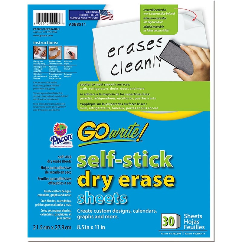 GoWrite! PACASB8511 Self-Adhesive Dry Erase Sheets, White, 8-1/2"" x 11"", 30 Sheets